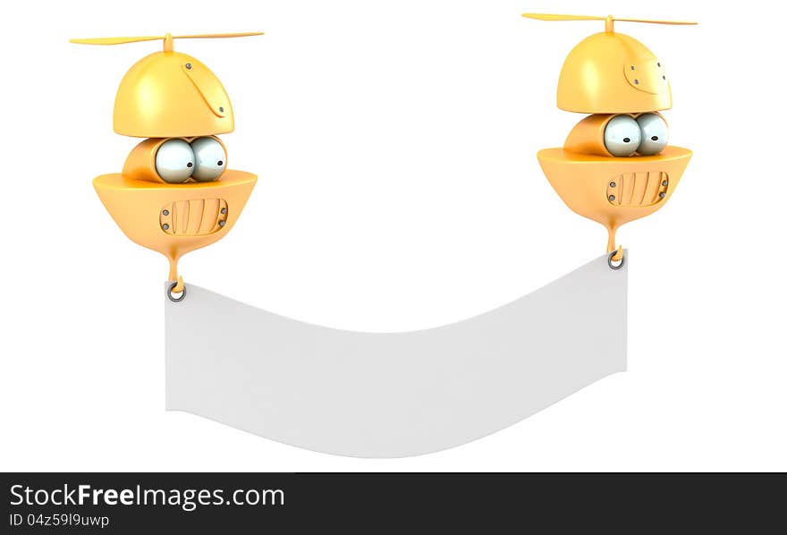 Cartoon flying characters with blank banner isolated on white background