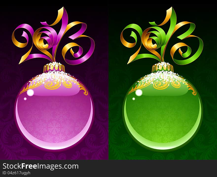 Christmas and New Year circle frame. Vector ribbon in the shape of 2013 and glass ball. Purple and green. Christmas and New Year circle frame. Vector ribbon in the shape of 2013 and glass ball. Purple and green