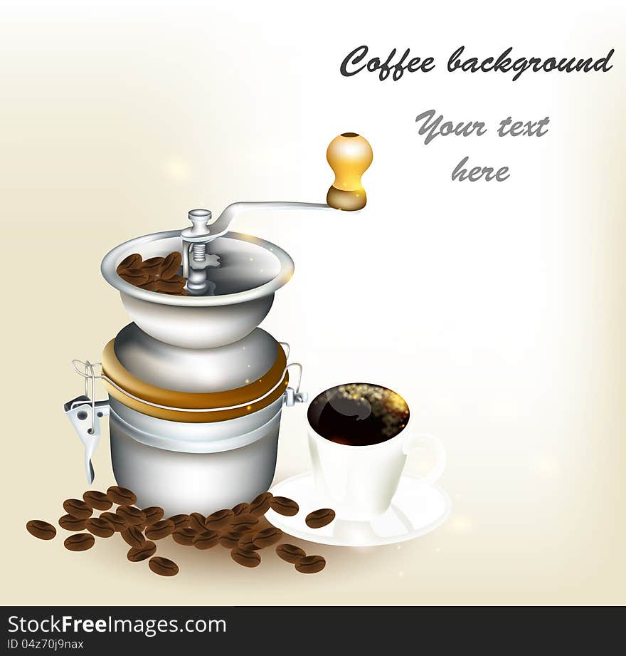 Vector background with coffee.Background with cup of coffee, grains and coffee-mill. Vector background with coffee.Background with cup of coffee, grains and coffee-mill