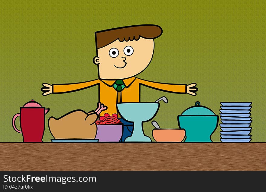 An illustration of a man presenting food to be served. An illustration of a man presenting food to be served