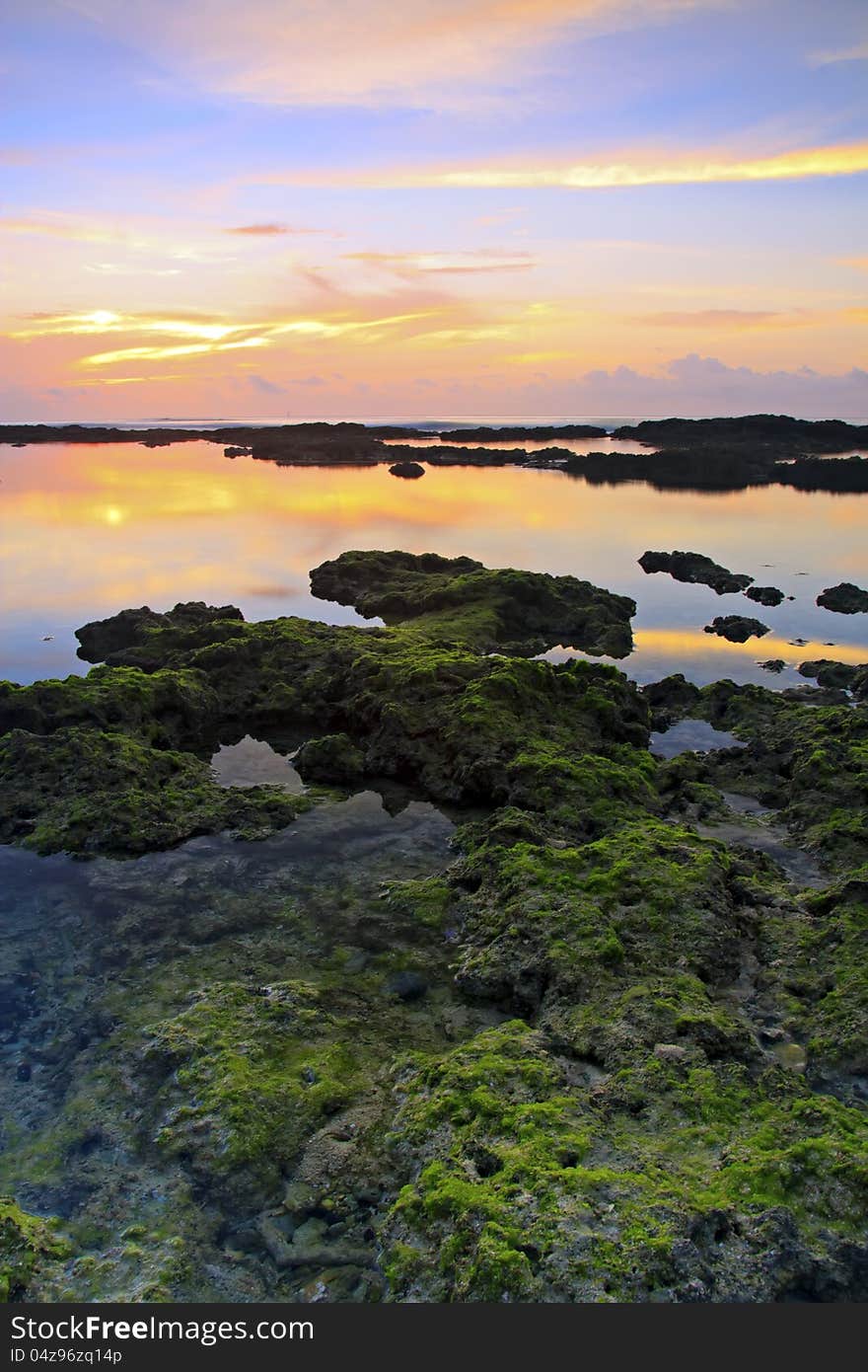 Rock full with lichen with sunrise in the background