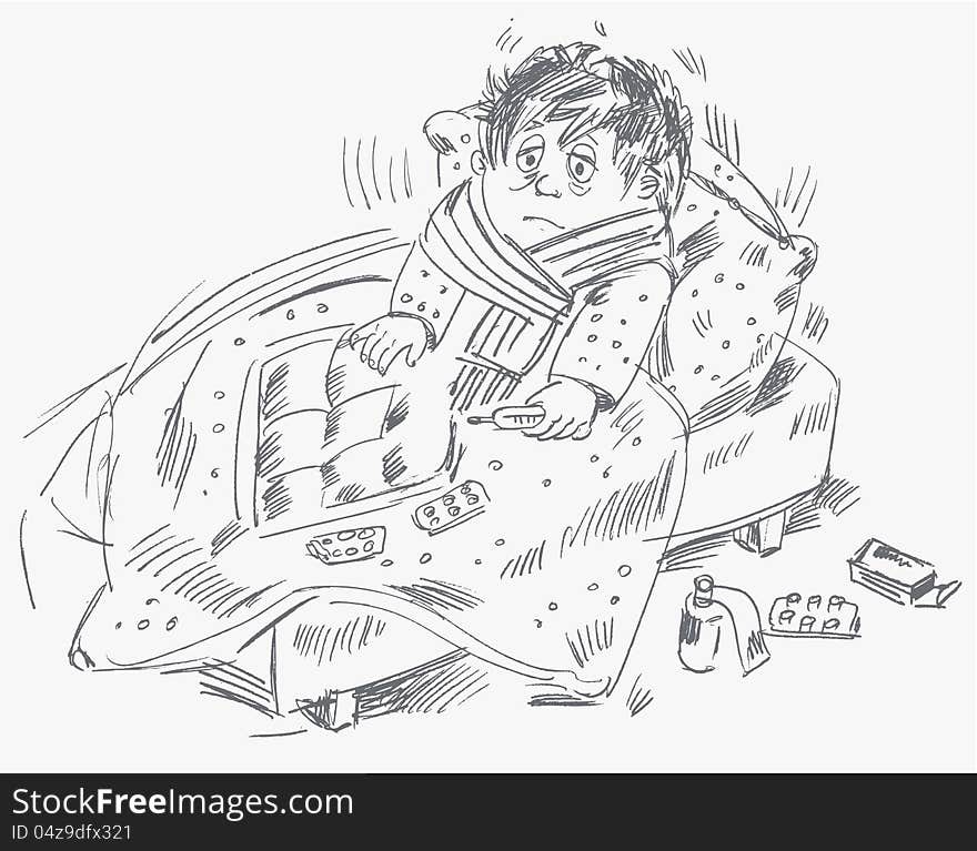 The boy became ill and was lying in bed, vector illustration