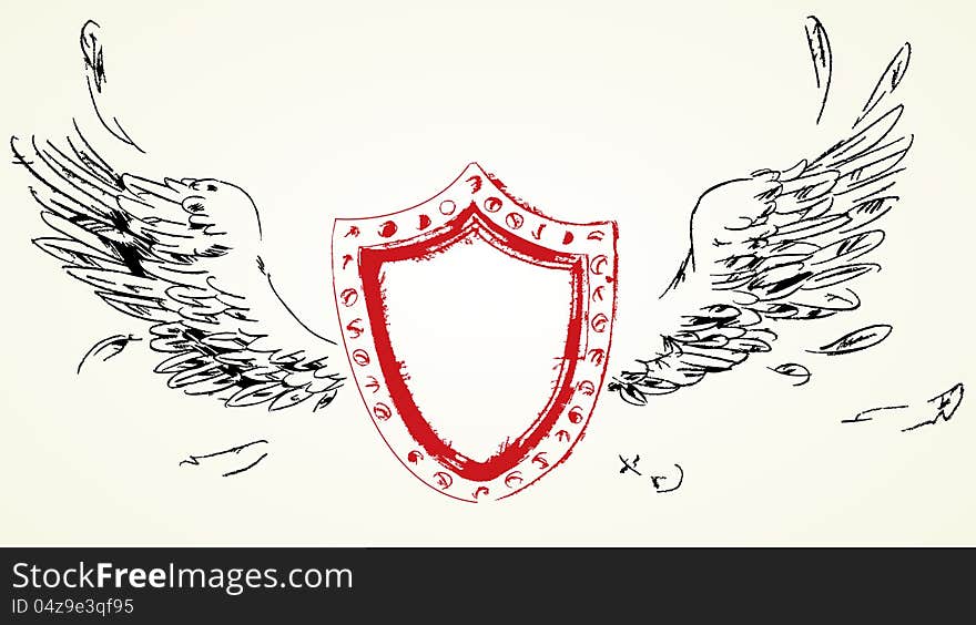 Shield with wings. Hand-drawn. Vector illustration