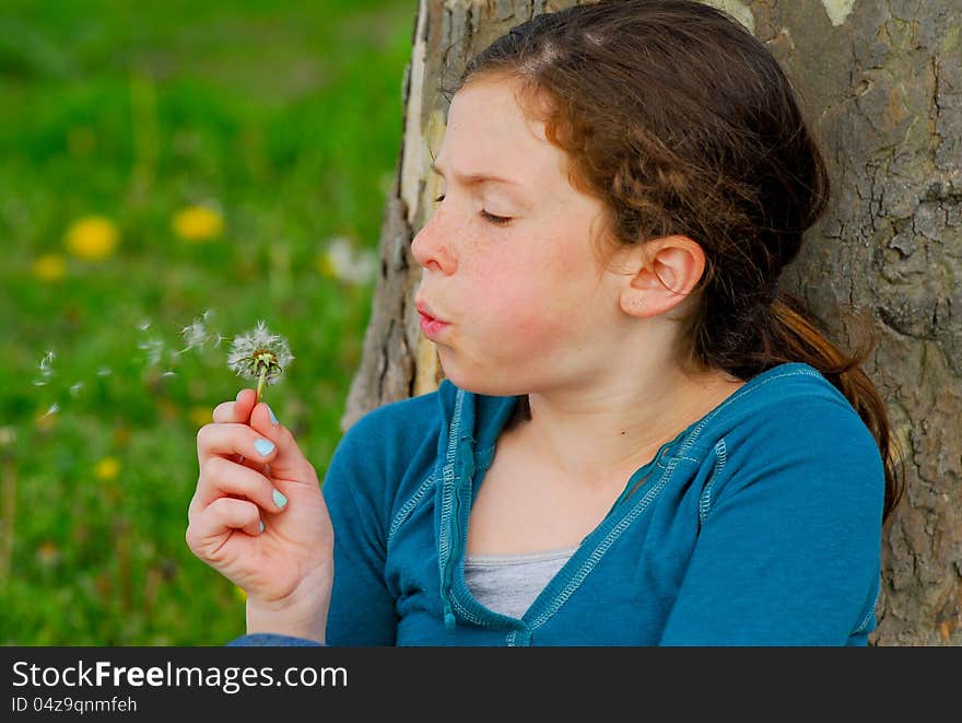 Young girl makes a wish and blows on a dandelion. Young girl makes a wish and blows on a dandelion.