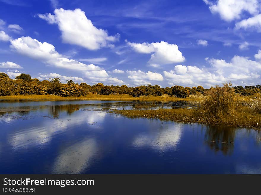 Autumn landscape. Lake near the Thai-Cambodian border.