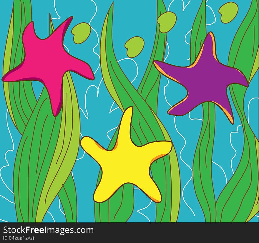 Colored Seastars under blue sea. Colored Seastars under blue sea