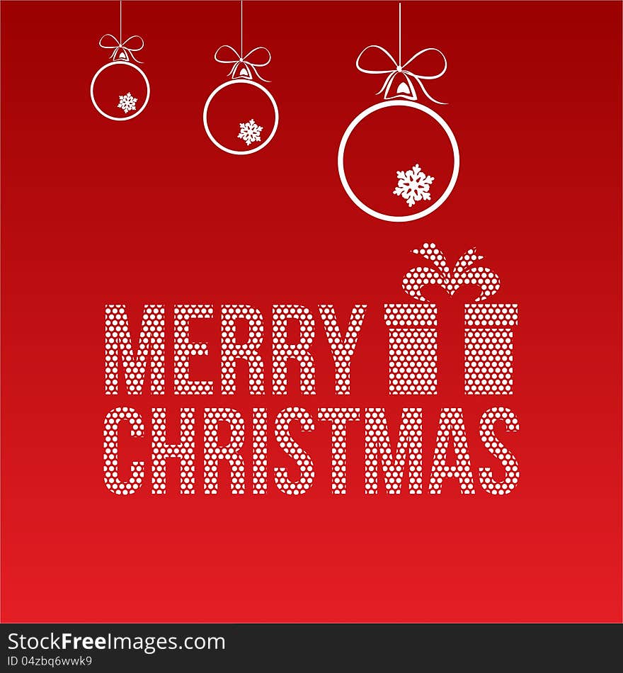 Vector image of christmas card with a red background with ornaments and merry christmas text