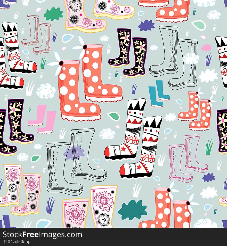 Seamless bright pattern of rubber boots on a gray background with clouds and drops. Seamless bright pattern of rubber boots on a gray background with clouds and drops