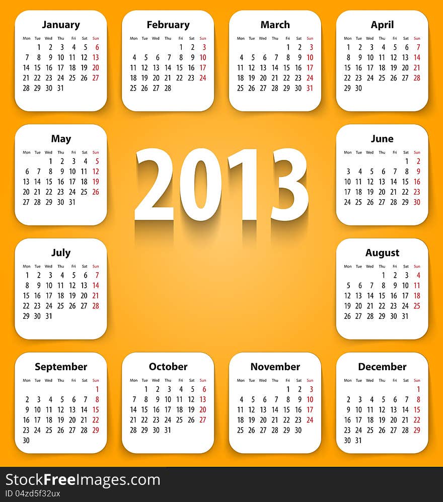 Calendar for 2013 on white stickies. Mondays first. Vector illustration