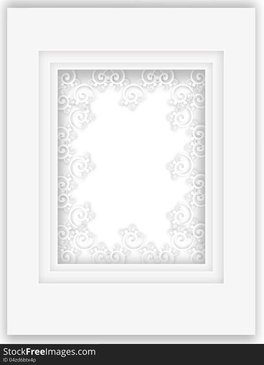 Beautiful rectangular pure white paper frame with asymmetrical delicate swirled paper applique decorations enclosing a central copyspace. Beautiful rectangular pure white paper frame with asymmetrical delicate swirled paper applique decorations enclosing a central copyspace