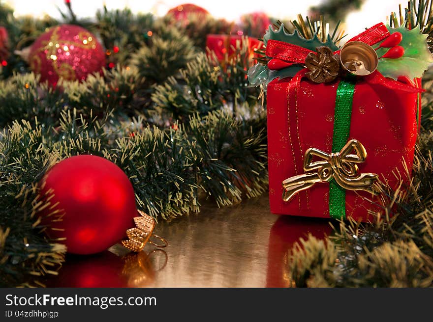 Christmas fallalery  among green garland close up