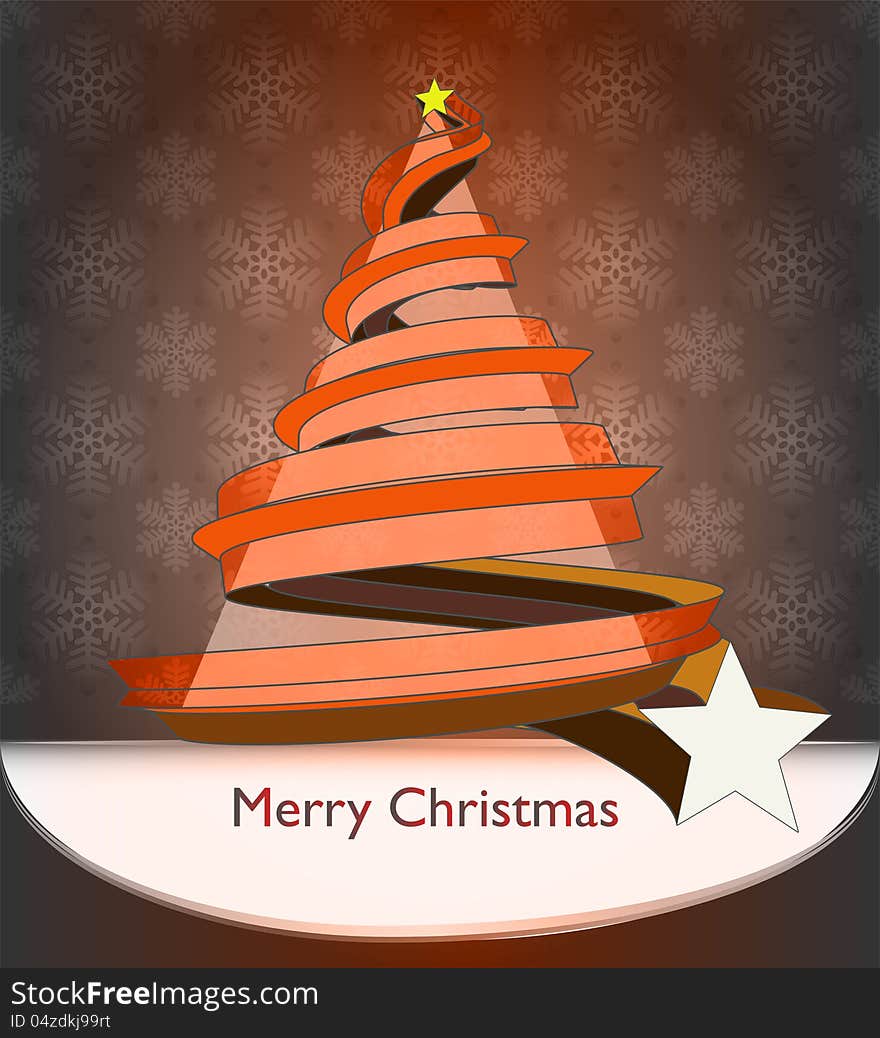 Orange ribbon around christmas tree snow pattern