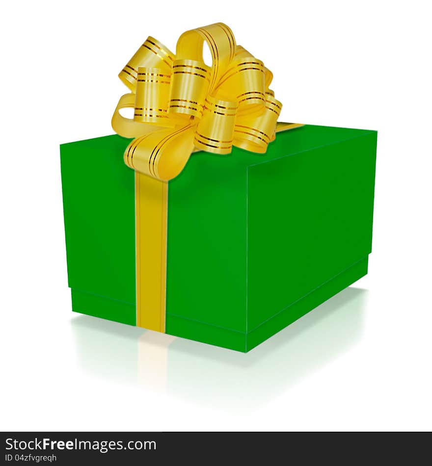 Green gift box with gold ribbon and bow isolated on white background