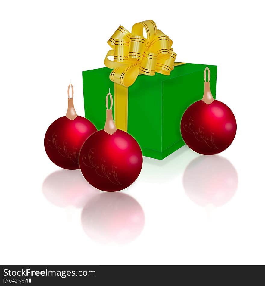 Green gift box with gold ribbon and bow and Christmas balls isolated on white background