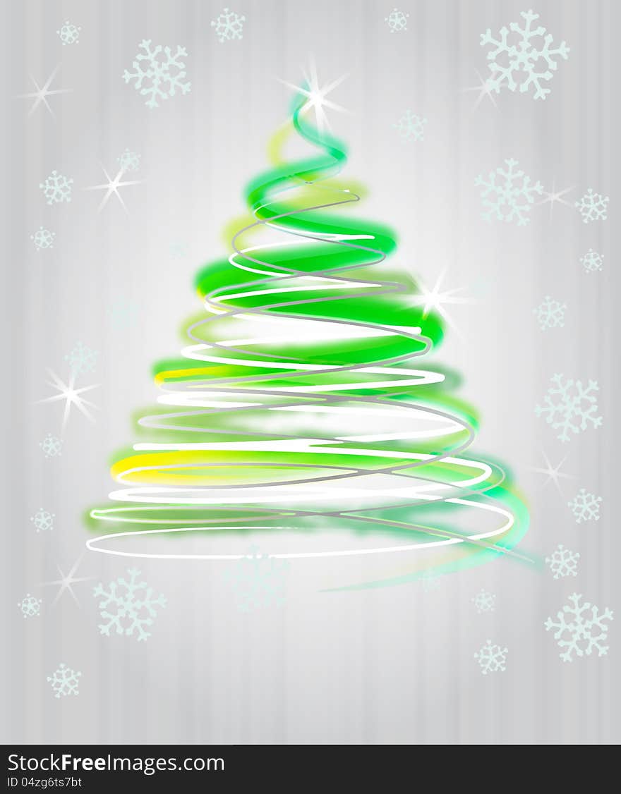 Green yellow christmas tree flare concept in glittering snowfall. Green yellow christmas tree flare concept in glittering snowfall