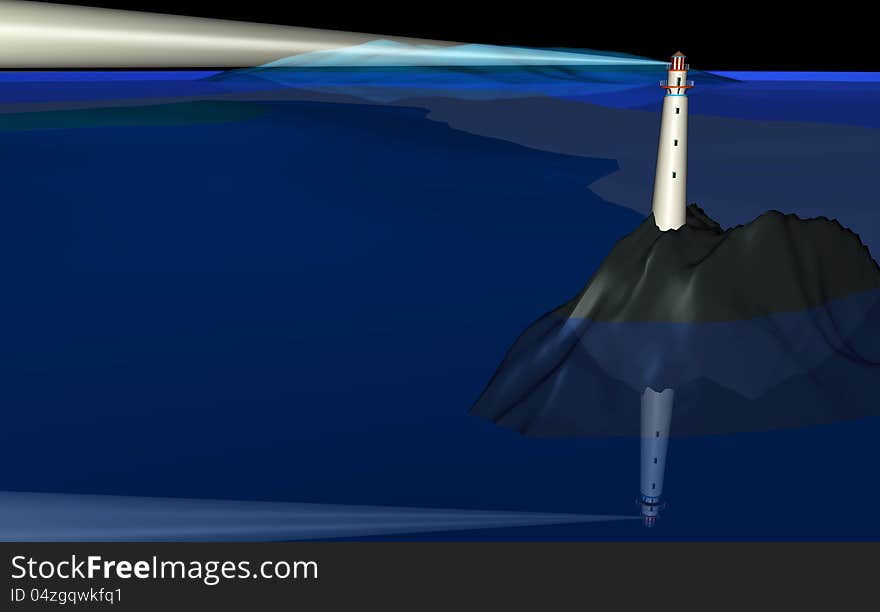 A 3D illustration of a lighthouse and its beam. A 3D illustration of a lighthouse and its beam.