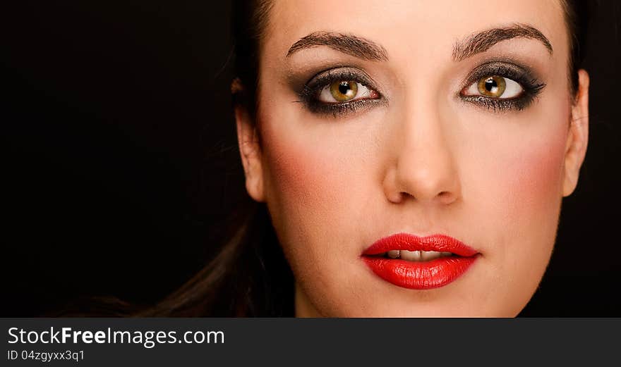 Portrait of attractive girl with red lips. Make up. Perfect skin. Portrait of attractive girl with red lips. Make up. Perfect skin