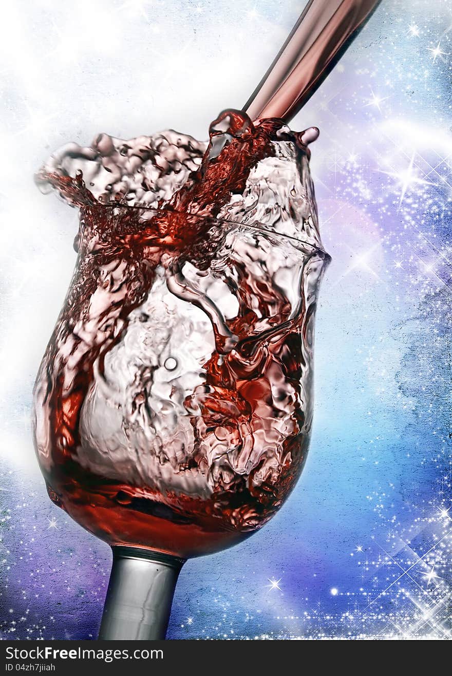 Christmas background with pouring red wine and snowflakes