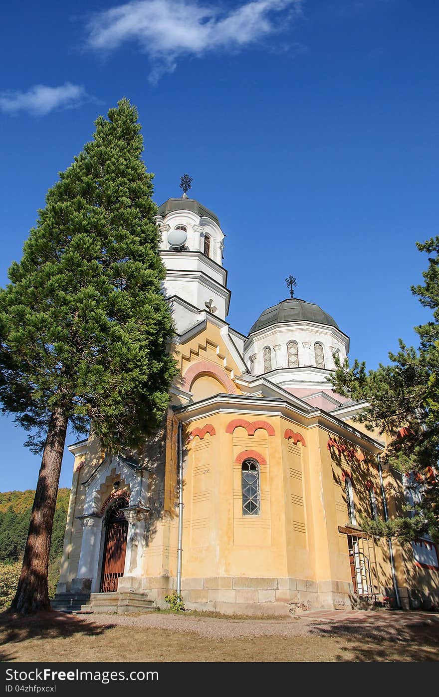 Small ortodox church with pine in foreground