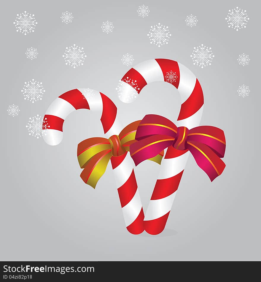 Illustration of two candy canes with bows on gray background. Illustration of two candy canes with bows on gray background.