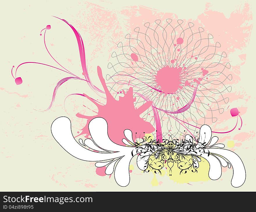 Illustration of abstract grunge spatters and pink floral background. Illustration of abstract grunge spatters and pink floral background.