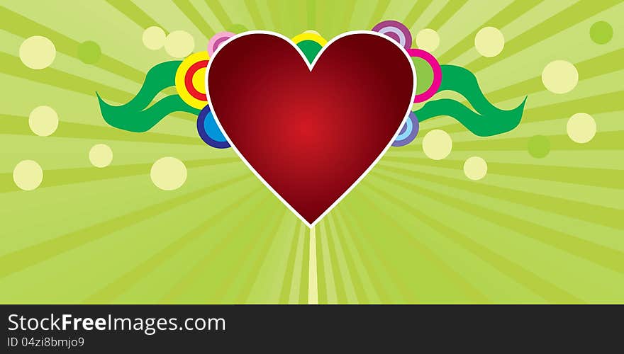 Illustration of red heart on green background with rays.