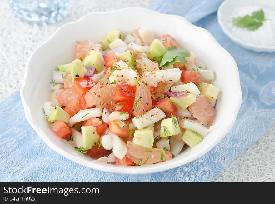 Bowl Of Salad With Squid, Avocado And Grapefruit