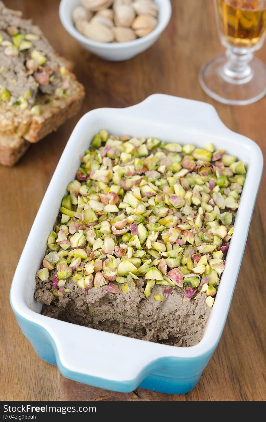 Chicken liver pate with pistachios closeup