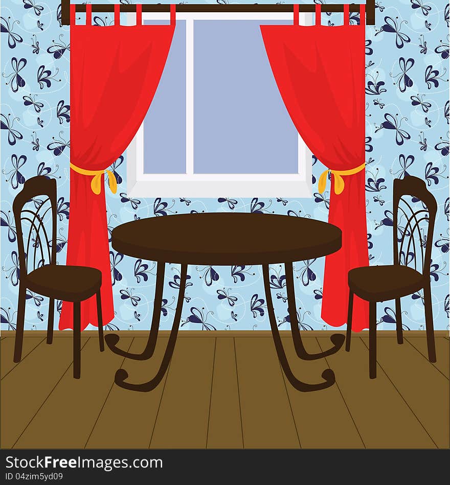 Vector illustration of interior with table and chairs