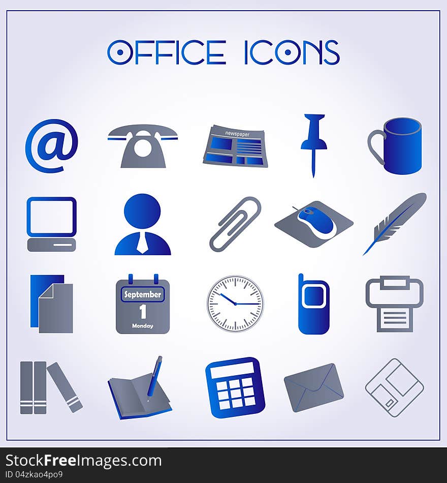 Vector illustration of office icons on white-blue background