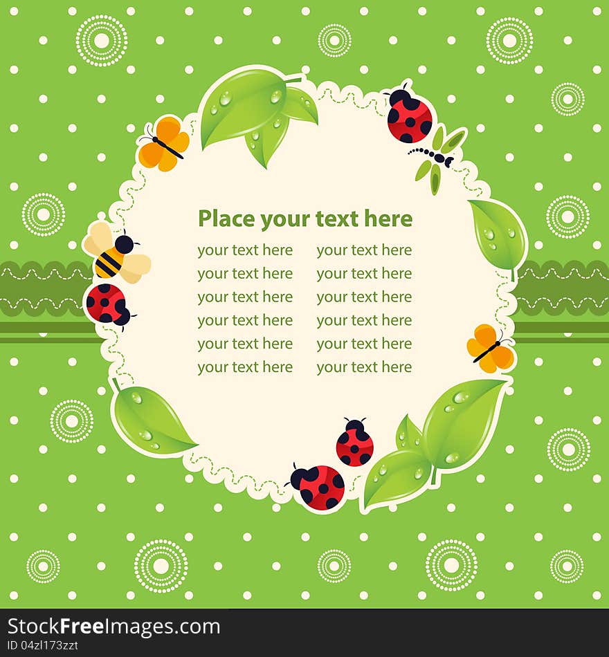 Green frame of the child with a bee, ladybug, butterfly, dragonfly, leaves, pattern. Green frame of the child with a bee, ladybug, butterfly, dragonfly, leaves, pattern