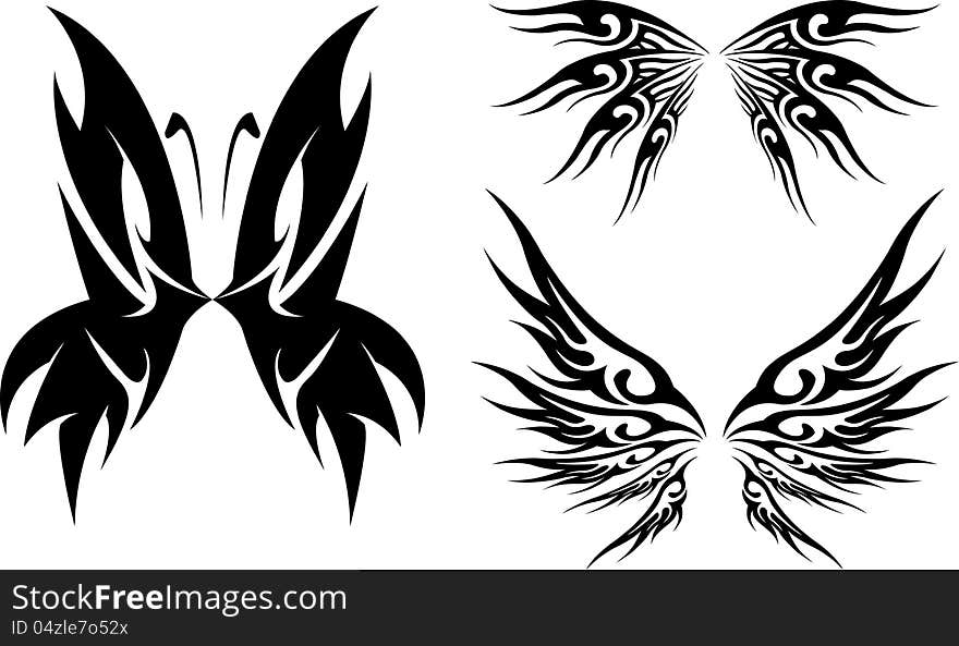 Vectorial tattoos of wings with a tribal touch. Vectorial tattoos of wings with a tribal touch