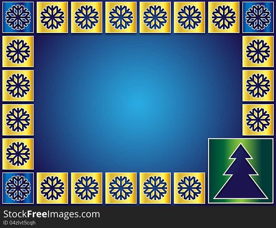 Christmas icons golden flakes and trees on a blue background. Christmas icons golden flakes and trees on a blue background