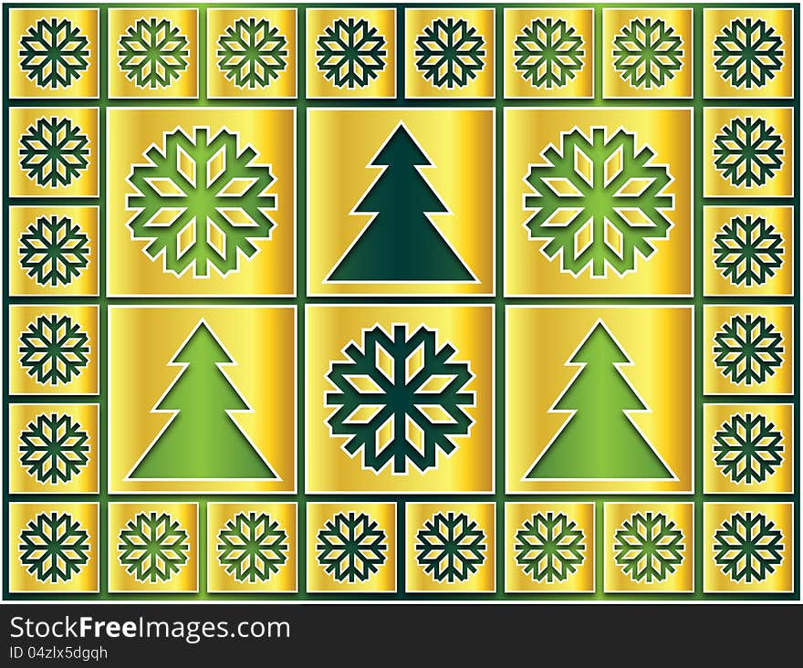 Christmas icons golden snowflakes and trees on a green background. Christmas icons golden snowflakes and trees on a green background