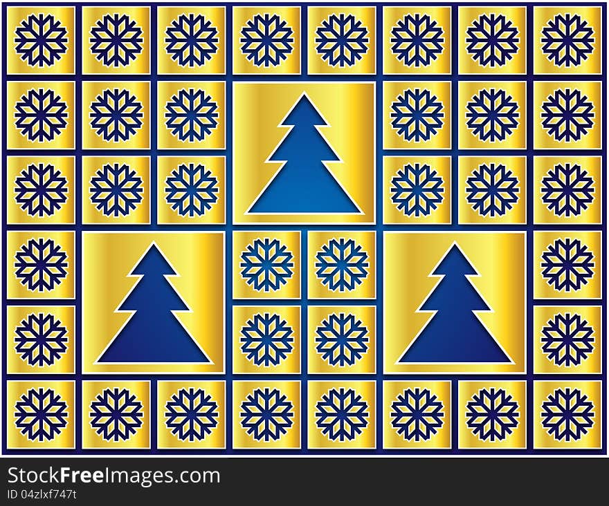 Christmas icons golden flakes and trees on a blue background. Christmas icons golden flakes and trees on a blue background