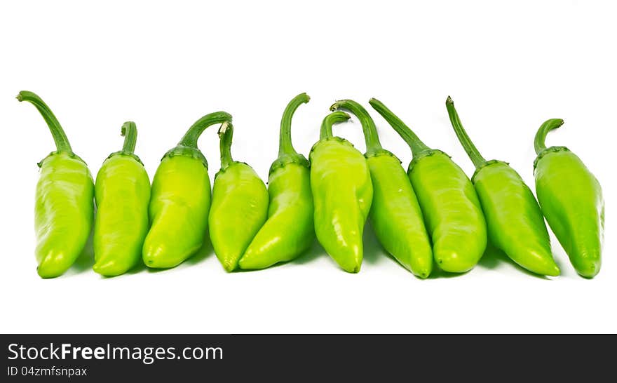 Green chillies (Jalapenos) arranged in a row on white background. Green chillies (Jalapenos) arranged in a row on white background.