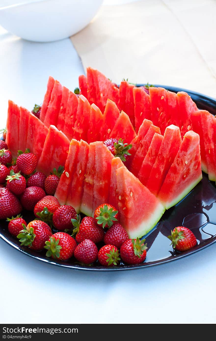 Wedding watermelon fruit platter at a buffet. Wedding watermelon fruit platter at a buffet.