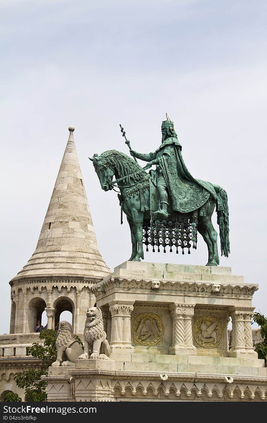 Fishermans bastion and the Statue of Saint Stephen in Buda part of the city of Budapest, Hungary