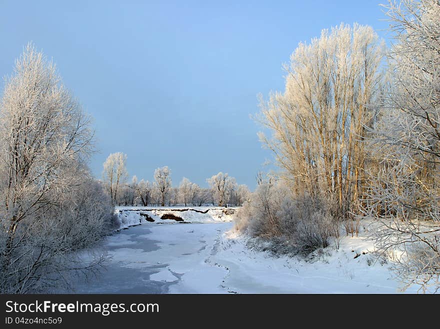 Frosty winter day in the outskirts of the village