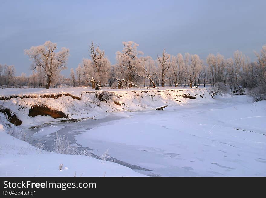 Frosty winter day in the outskirts of the village