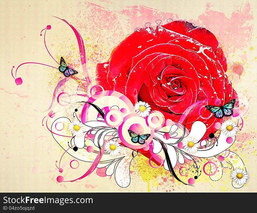 Illustration of big red rose with floral elements background. Illustration of big red rose with floral elements background.