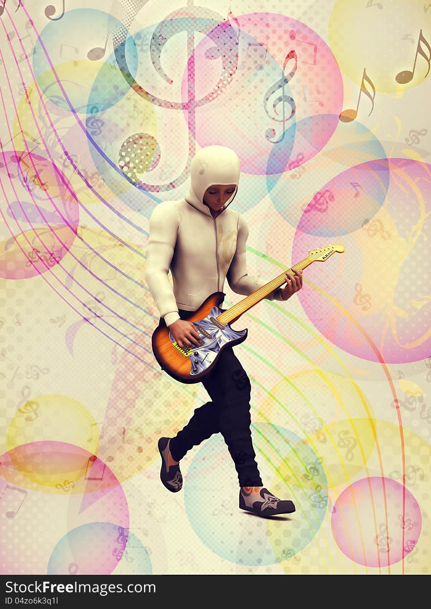 Illustration of funky guitarist colorful music background.