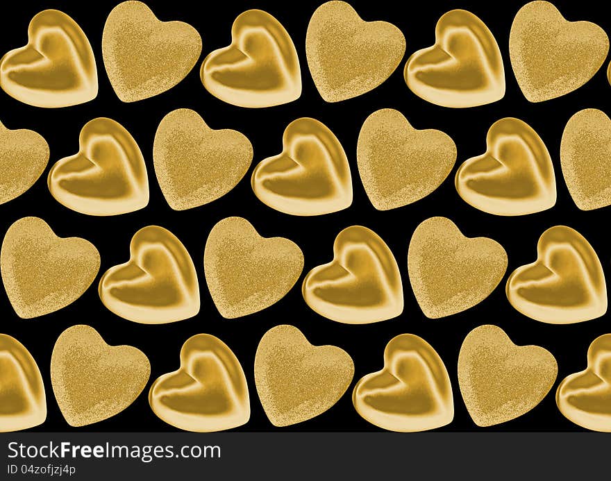 Seamless pattern of gold convex hearts  for St Valentine isolated on a black background. Seamless pattern of gold convex hearts  for St Valentine isolated on a black background