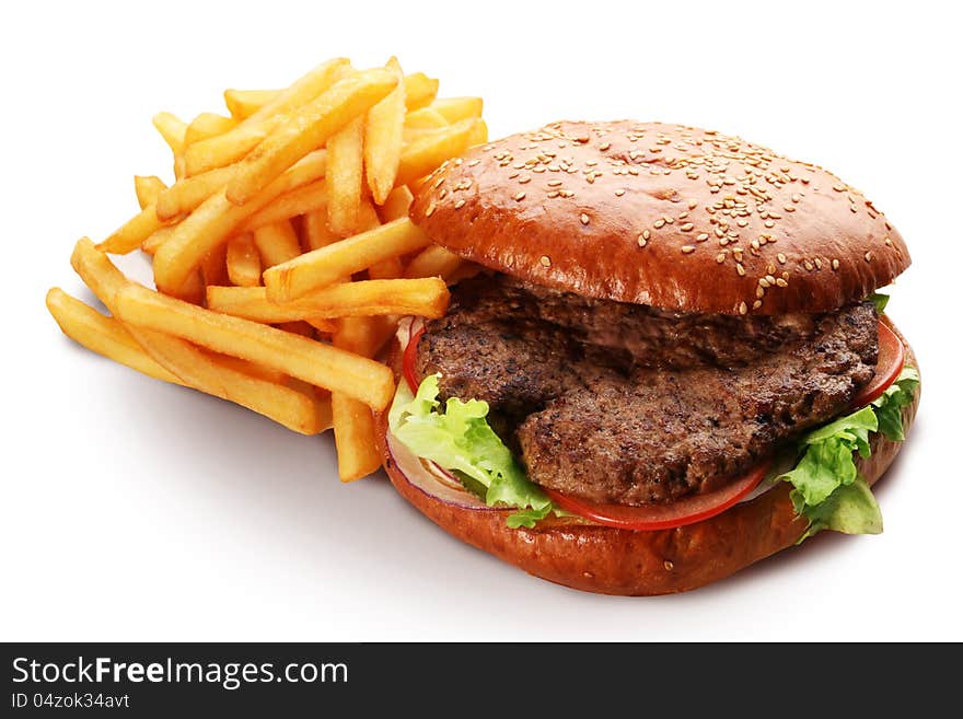 Hamburger and french fries on white background. Hamburger and french fries on white background.