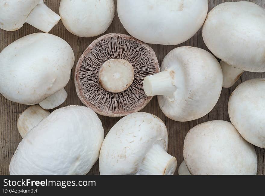 Mushroom champignon group on wood texture