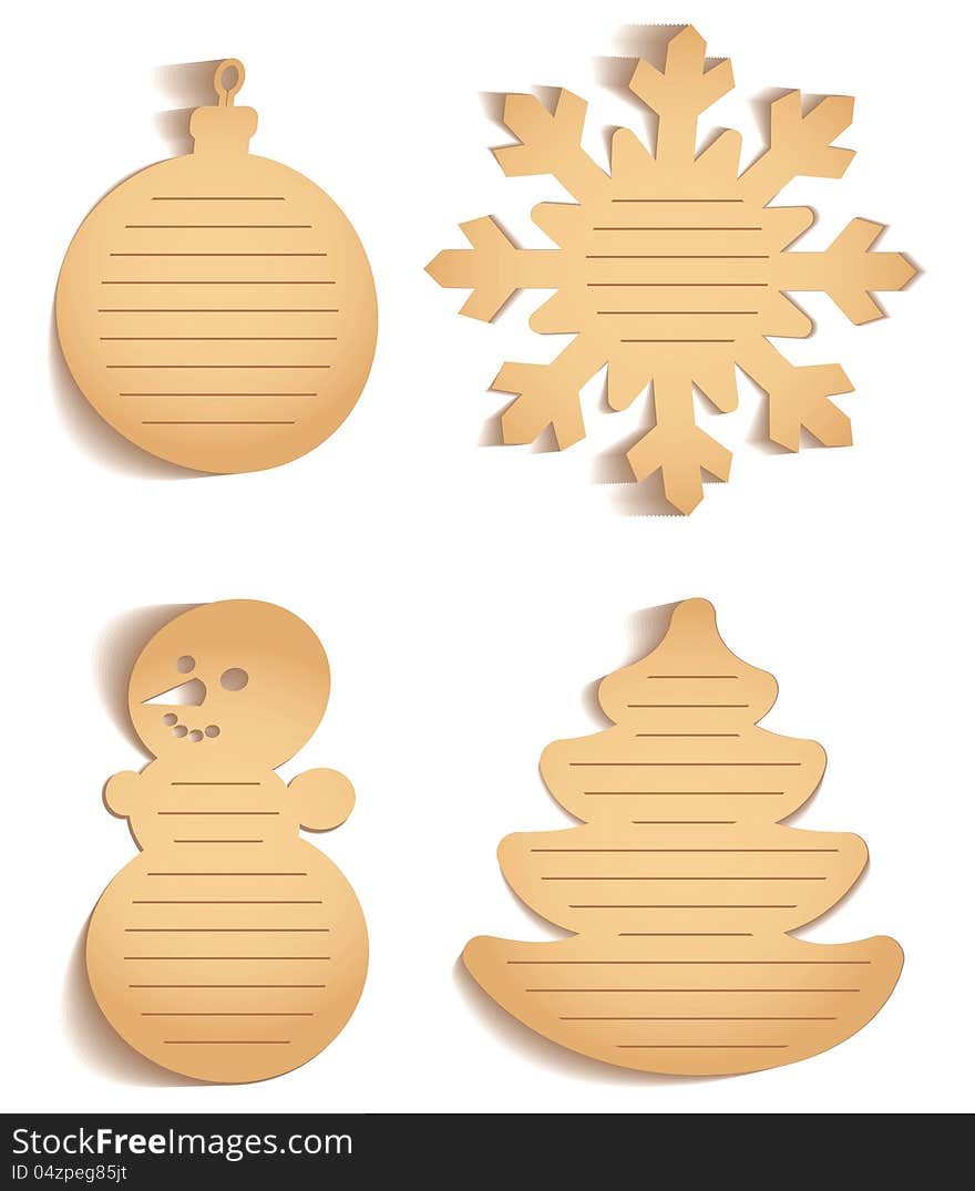 Snowflake, snowman, Christmas decorations, Christmas tree. Christmas icon cut from paper.  on white background. Vector illustration. Set