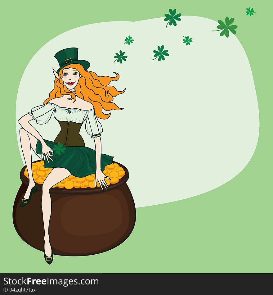 Vector illustration of a Leprechaun girl with gold coins. Vector illustration of a Leprechaun girl with gold coins