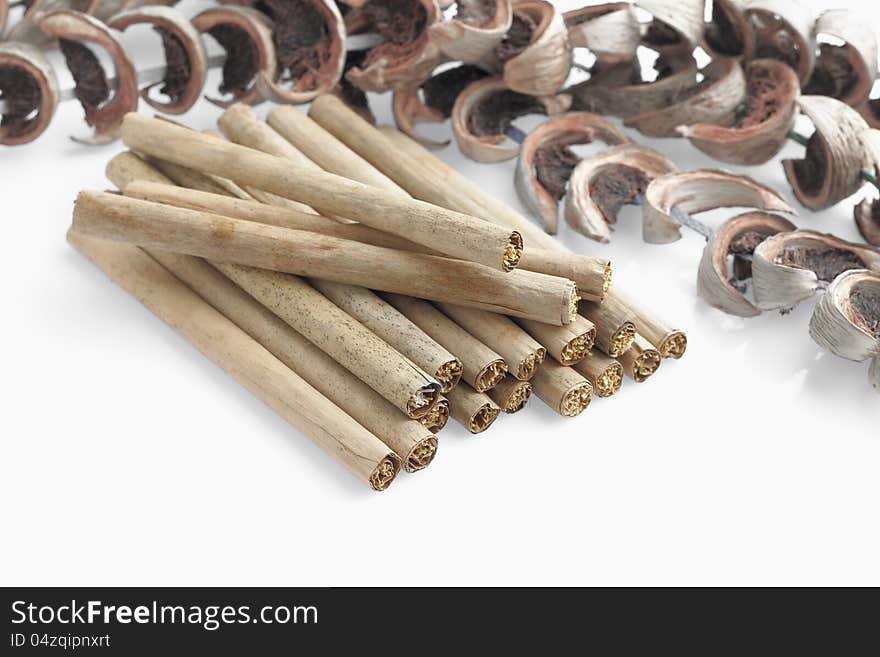 Tobacco with dry banana leaf rolls and betal nut fruit