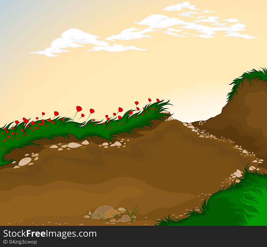 Landscape flowers on hills cartoon background. Landscape flowers on hills cartoon background