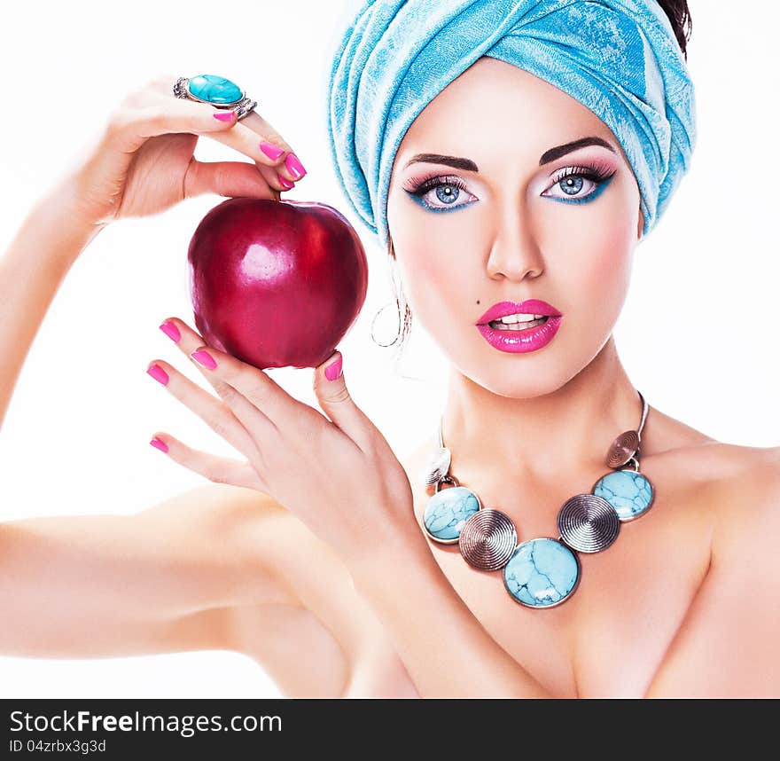 Portrait of Attractive Young Woman with Red Apple